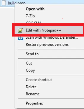 Edit build.prop file with Notepad++ application