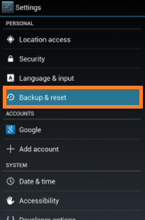Select Backup and Reset