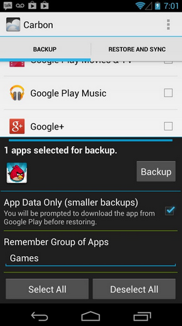 Select the app to backup via Helium Backup