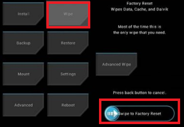 Swipe to factory reset from wipe option