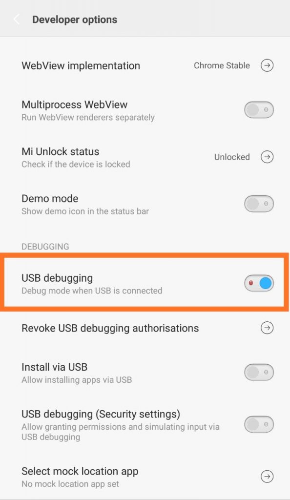 Enable USB Debug Mode